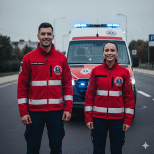 Dwoje ratowników medycznych na tle ambulansu